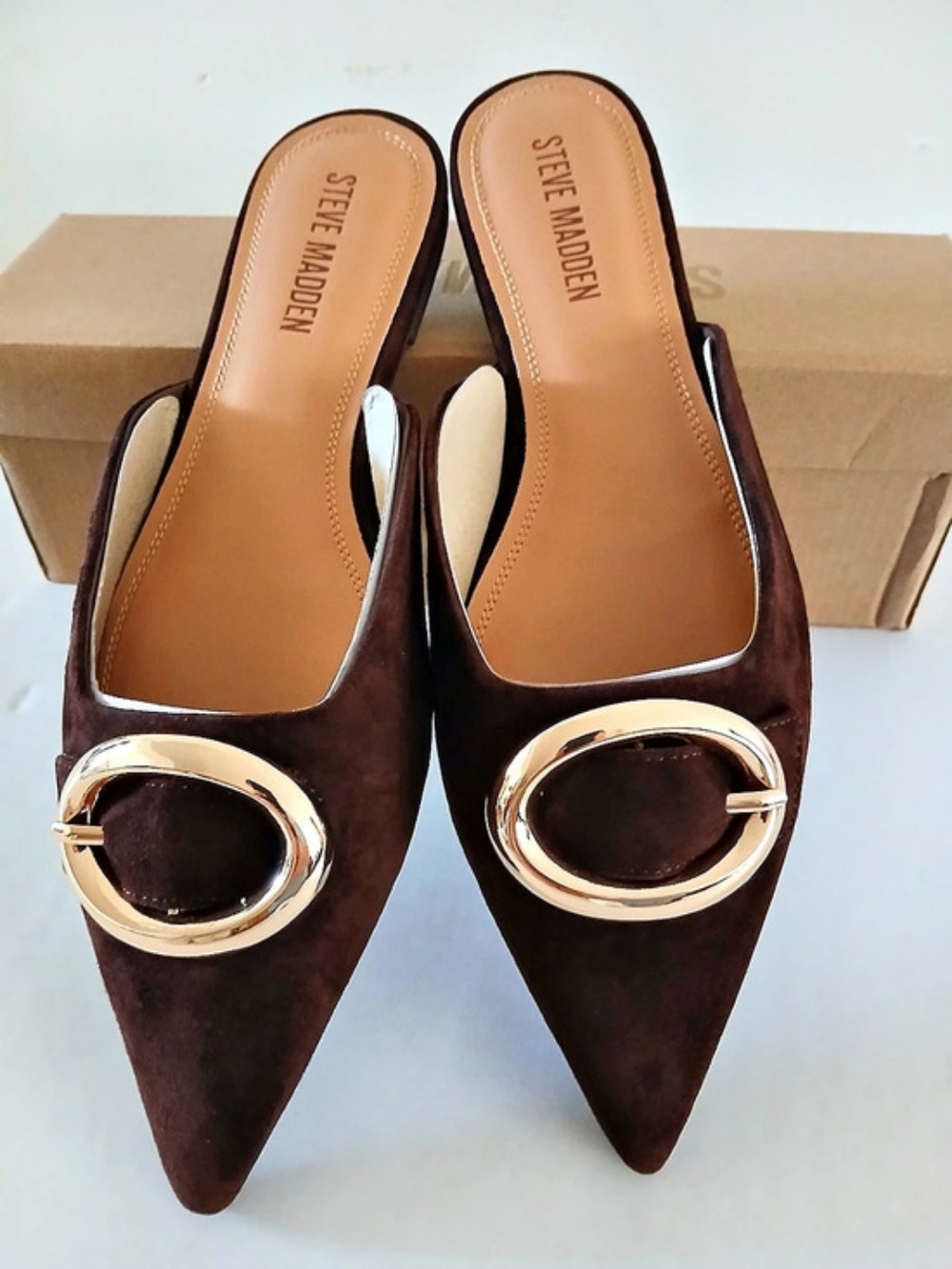 Steve Madden Women’s Sherman Pointed Toe Mules Ira Brown New